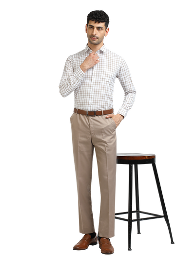 Model wearing Clarke Gable's White With Mustard Checked Formal Shirt in a casual setting
