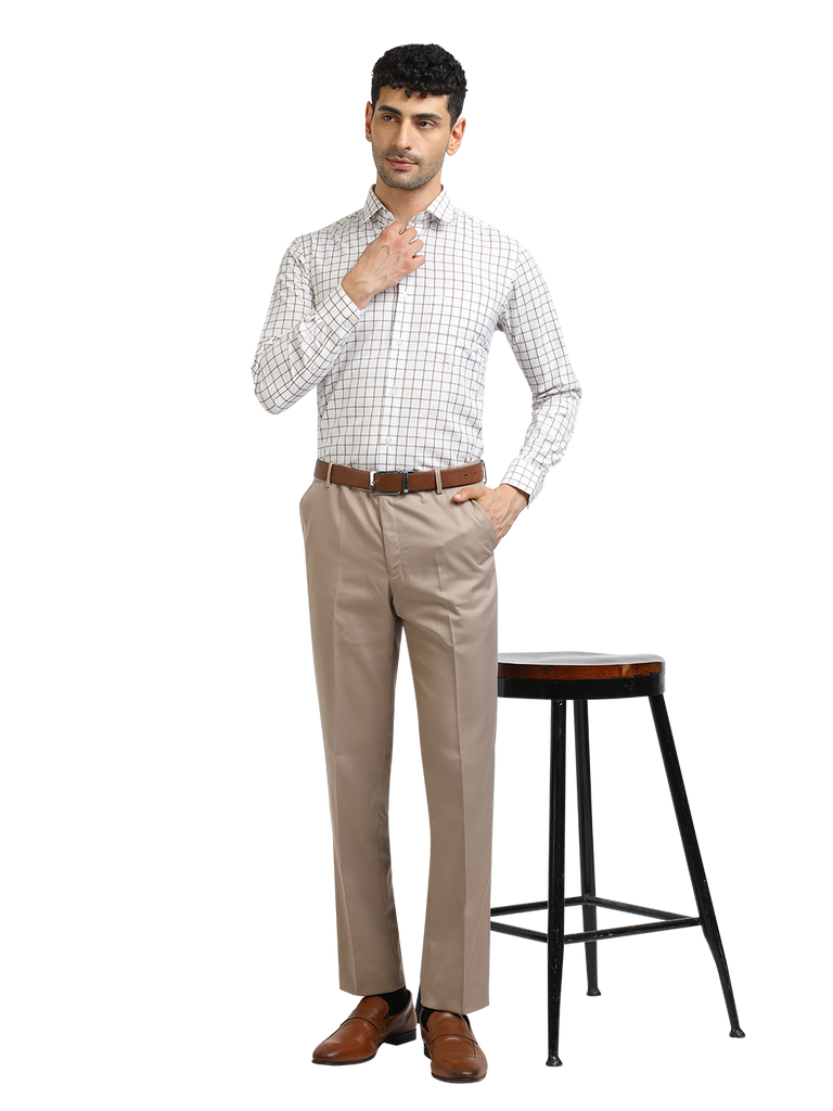 Model wearing Clarke Gable's White With Mustard Checked Formal Shirt in a casual setting