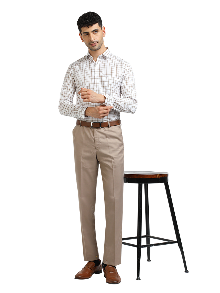 Model wearing Clarke Gable's White With Mustard Checked Formal Shirt in a casual setting