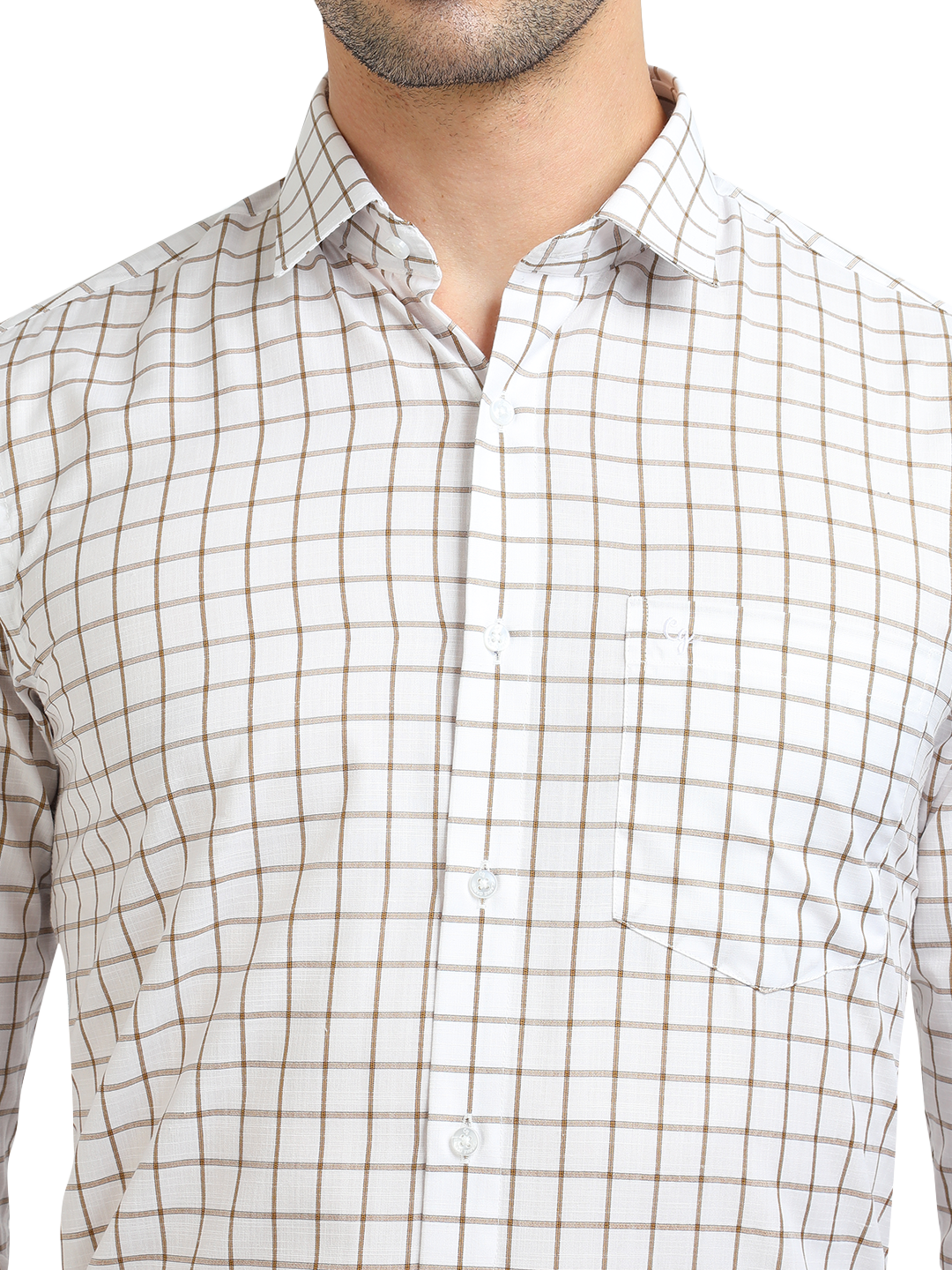 Model wearing Clarke Gable's White With Mustard Checked Formal Shirt in a casual setting