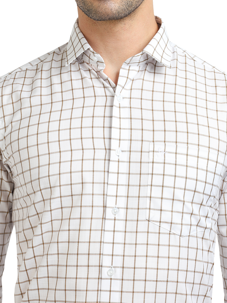 Model wearing Clarke Gable's White With Mustard Checked Formal Shirt in a casual setting