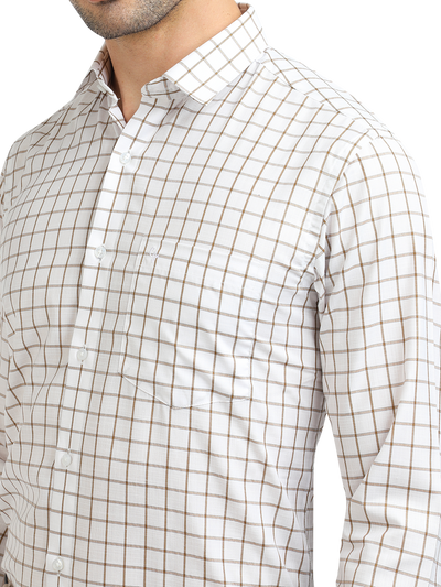 Model wearing Clarke Gable's White With Mustard Checked Formal Shirt in a casual setting
