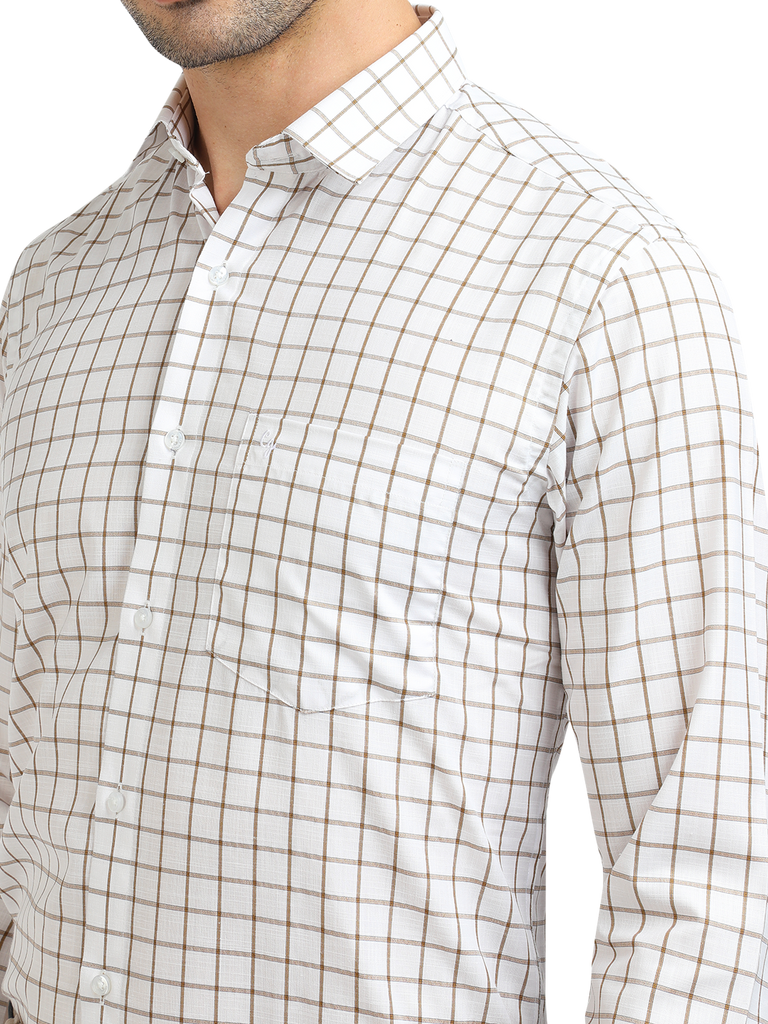 Model wearing Clarke Gable's White With Mustard Checked Formal Shirt in a casual setting