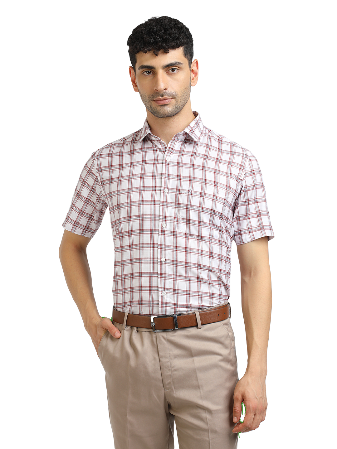 Model wearing Clarke Gable's White With Red Checked Formal Shirt in a casual setting