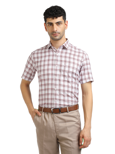Model wearing Clarke Gable's White With Red Checked Formal Shirt in a casual setting