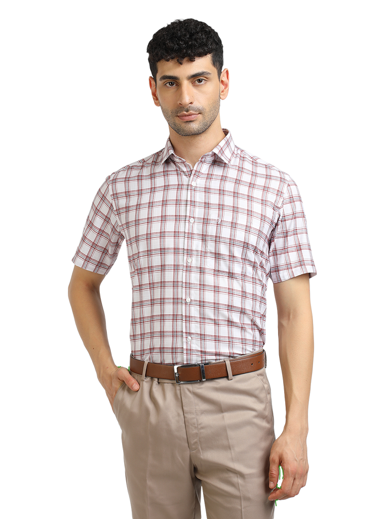 Model wearing Clarke Gable's White With Red Checked Formal Shirt in a casual setting