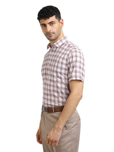 Model wearing Clarke Gable's White With Red Checked Formal Shirt in a casual setting