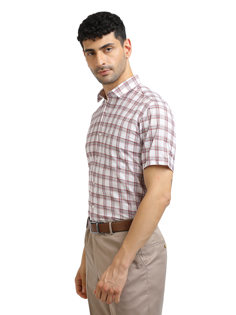 Model wearing Clarke Gable's White With Red Checked Formal Shirt in a casual setting