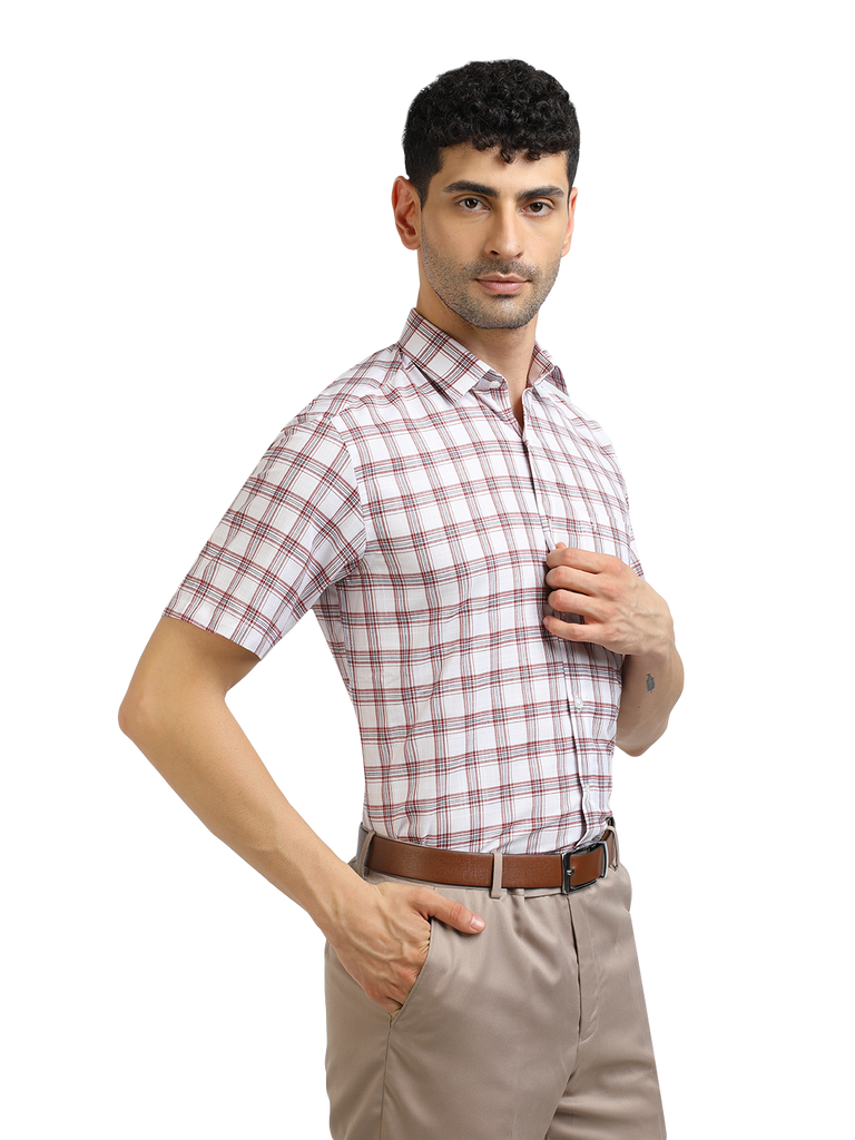 Model wearing Clarke Gable's White With Red Checked Formal Shirt in a casual setting