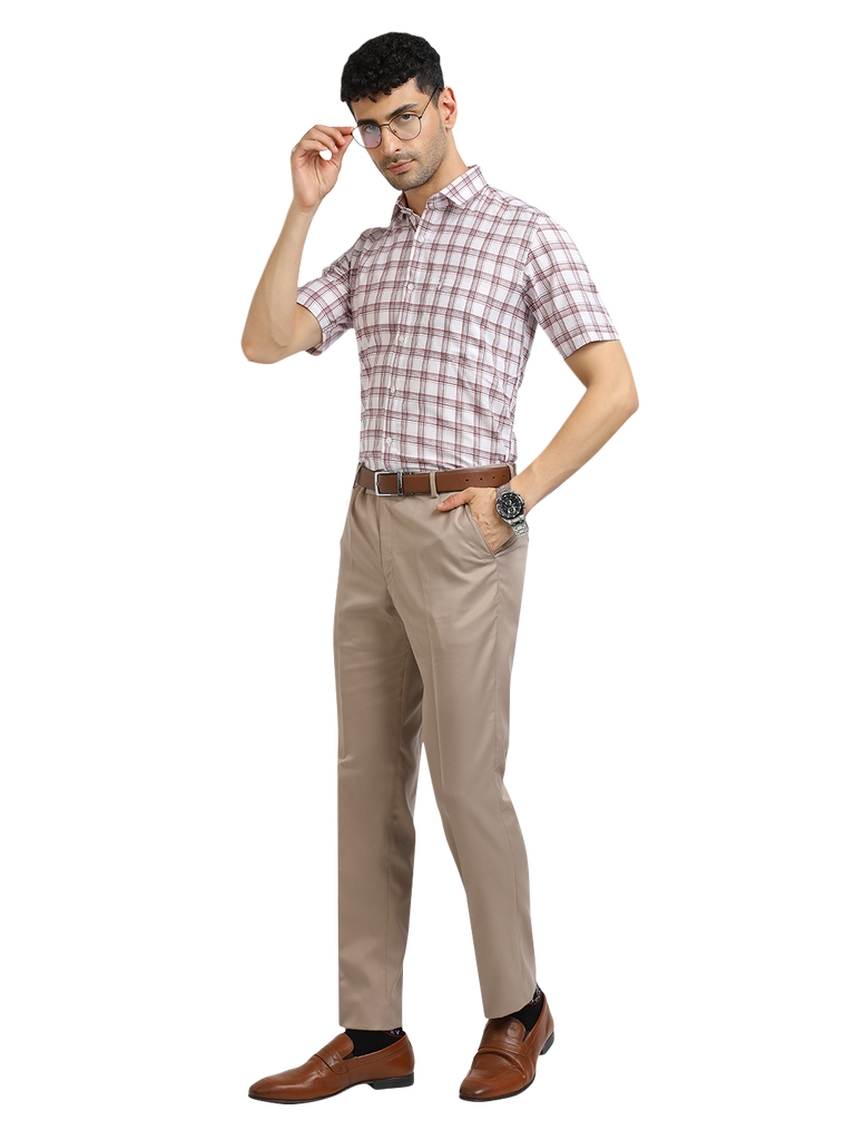 Model wearing Clarke Gable's White With Red Checked Formal Shirt in a casual setting