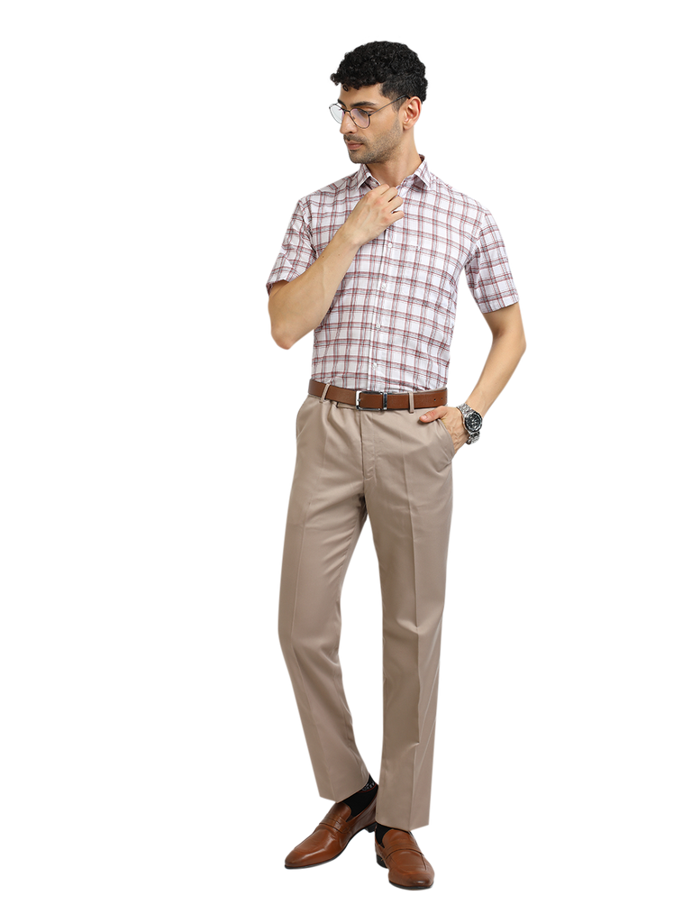 Model wearing Clarke Gable's White With Red Checked Formal Shirt in a casual setting