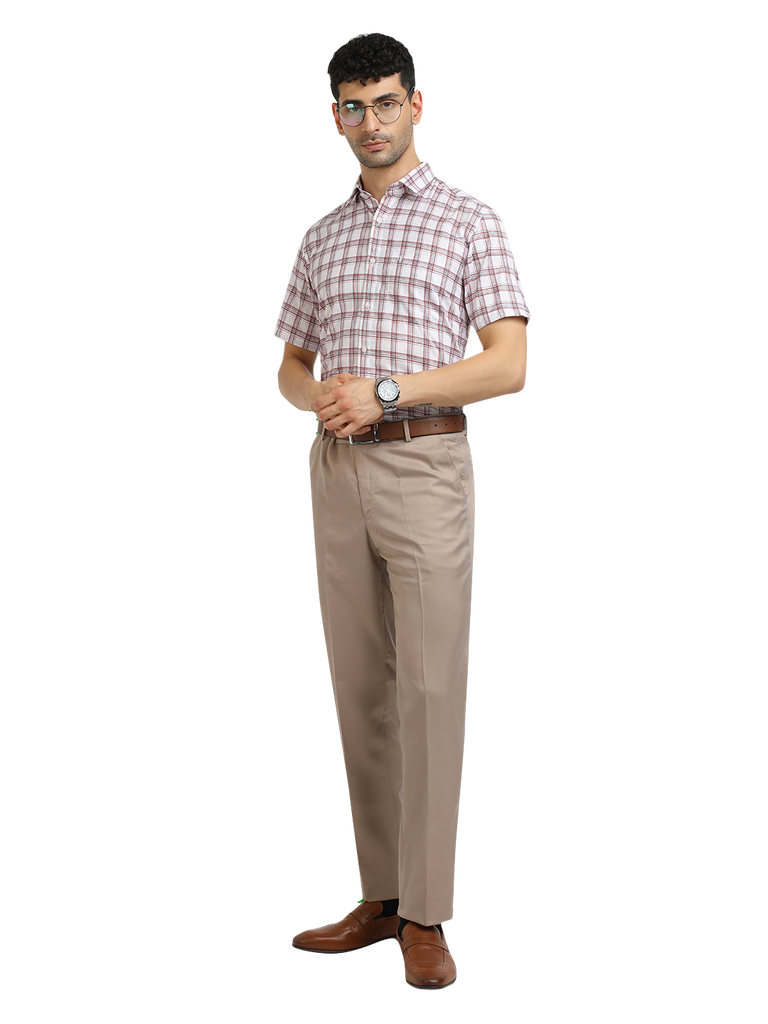 Model wearing Clarke Gable's White With Red Checked Formal Shirt in a casual setting