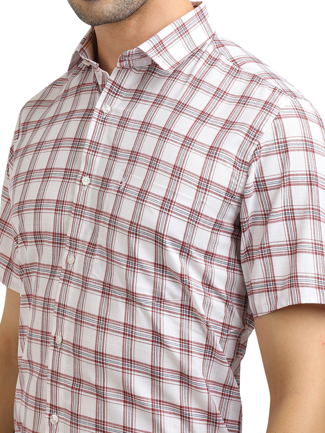 Model wearing Clarke Gable's White With Red Checked Formal Shirt in a casual setting