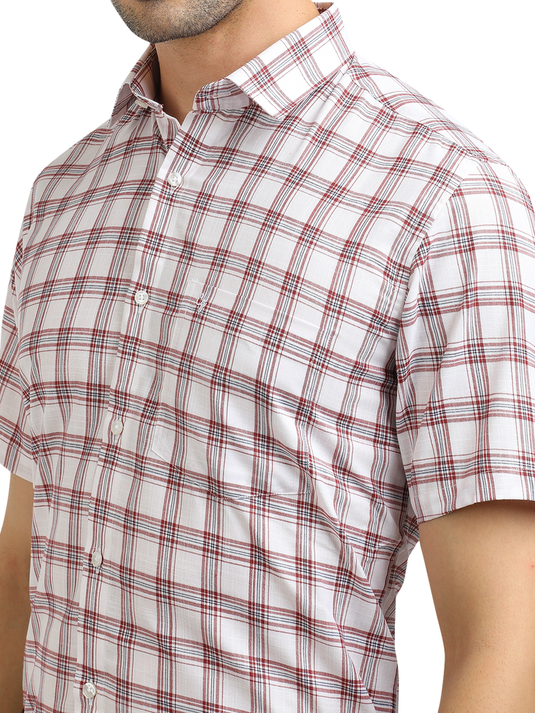 Model wearing Clarke Gable's White With Red Checked Formal Shirt in a casual setting