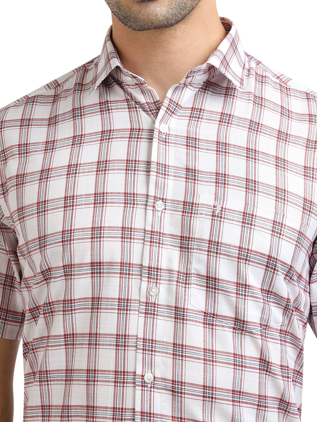 Model wearing Clarke Gable's White With Red Checked Formal Shirt in a casual setting
