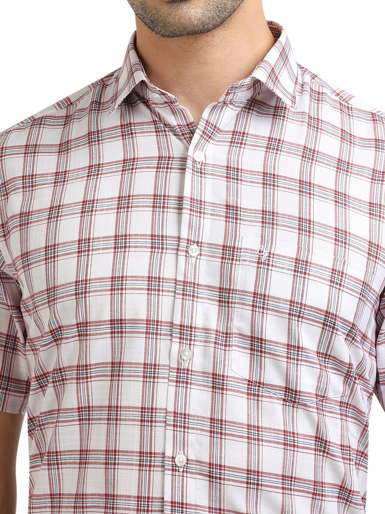 Model wearing Clarke Gable's White With Red Checked Formal Shirt in a casual setting