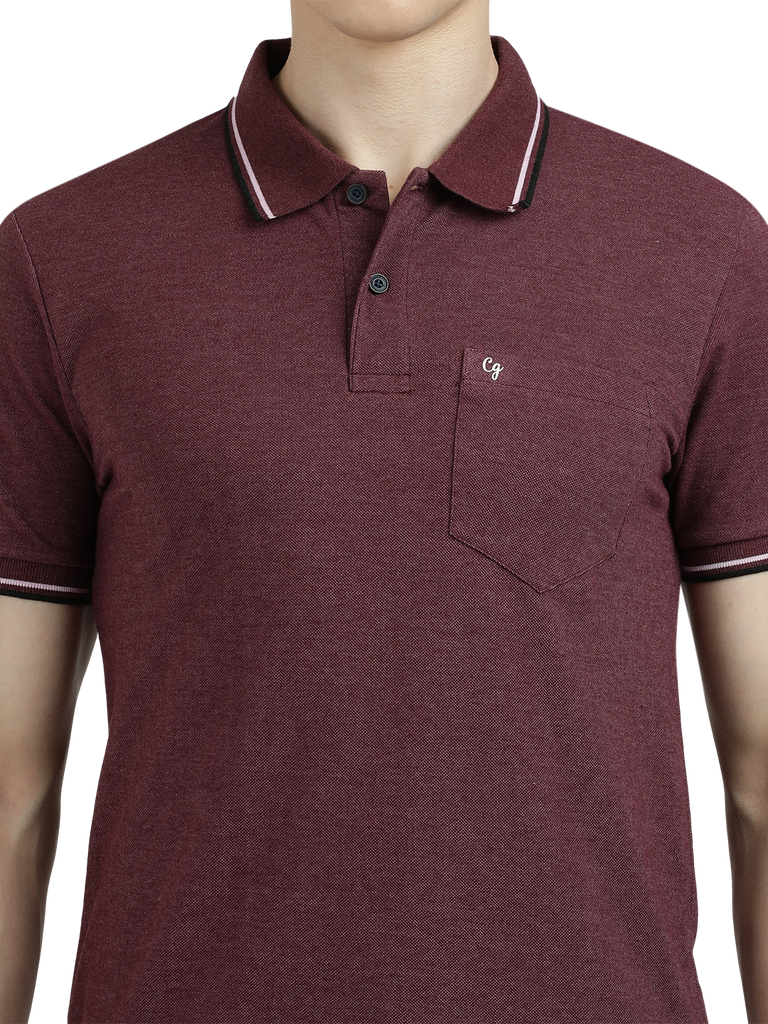 Model wearing Clarke Gable's Wine Solid Polo Collar T-Shirt in a casual setting