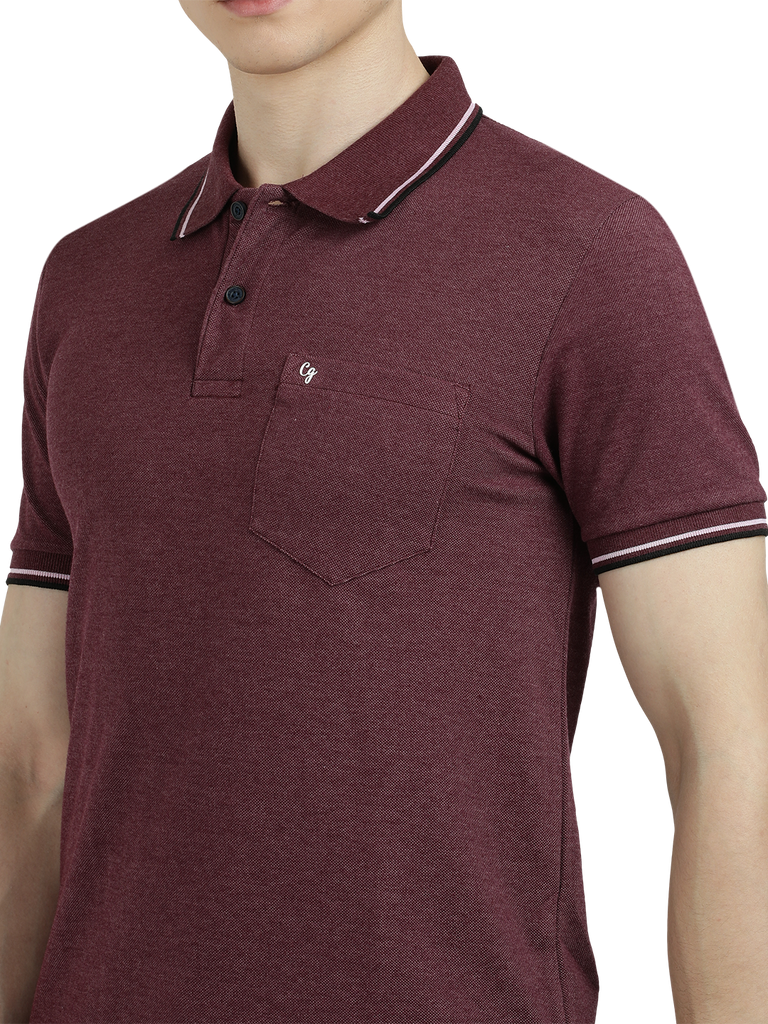 Model wearing Clarke Gable's Wine Solid Polo Collar T-Shirt in a casual setting