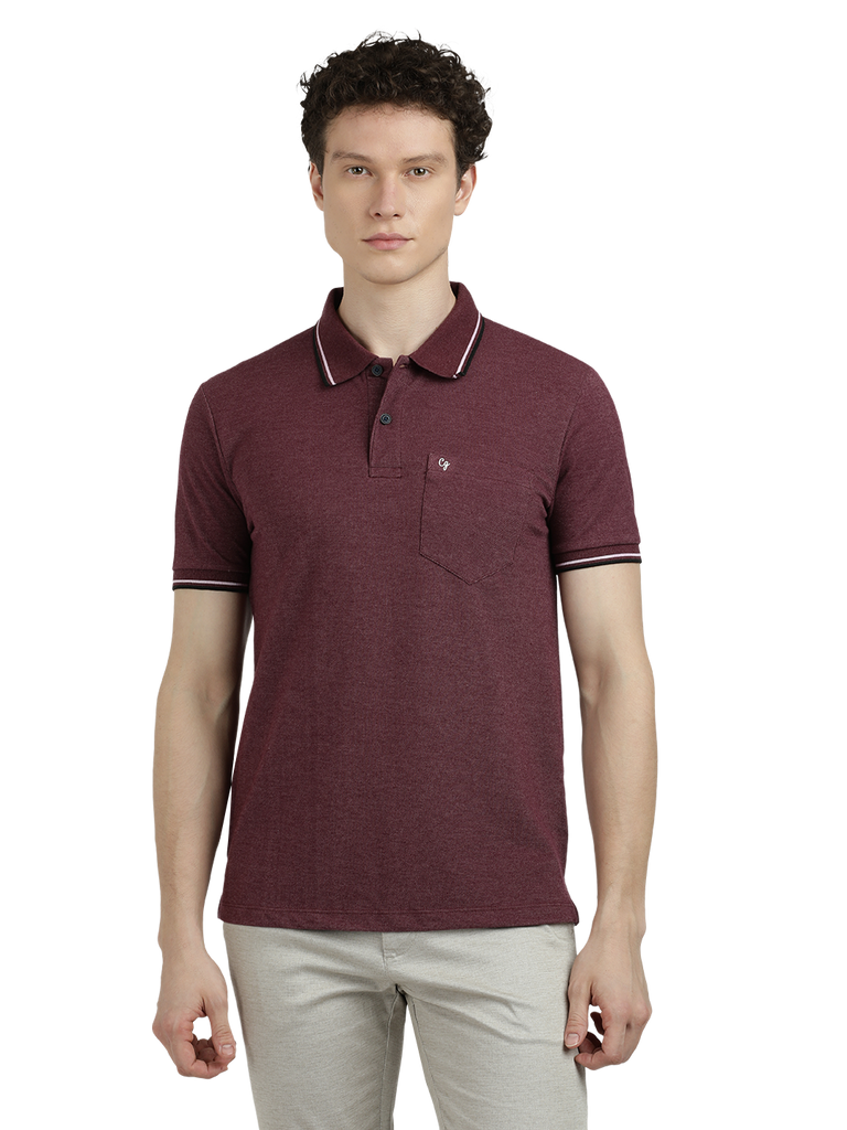 Model wearing Clarke Gable's Wine Solid Polo Collar T-Shirt in a casual setting