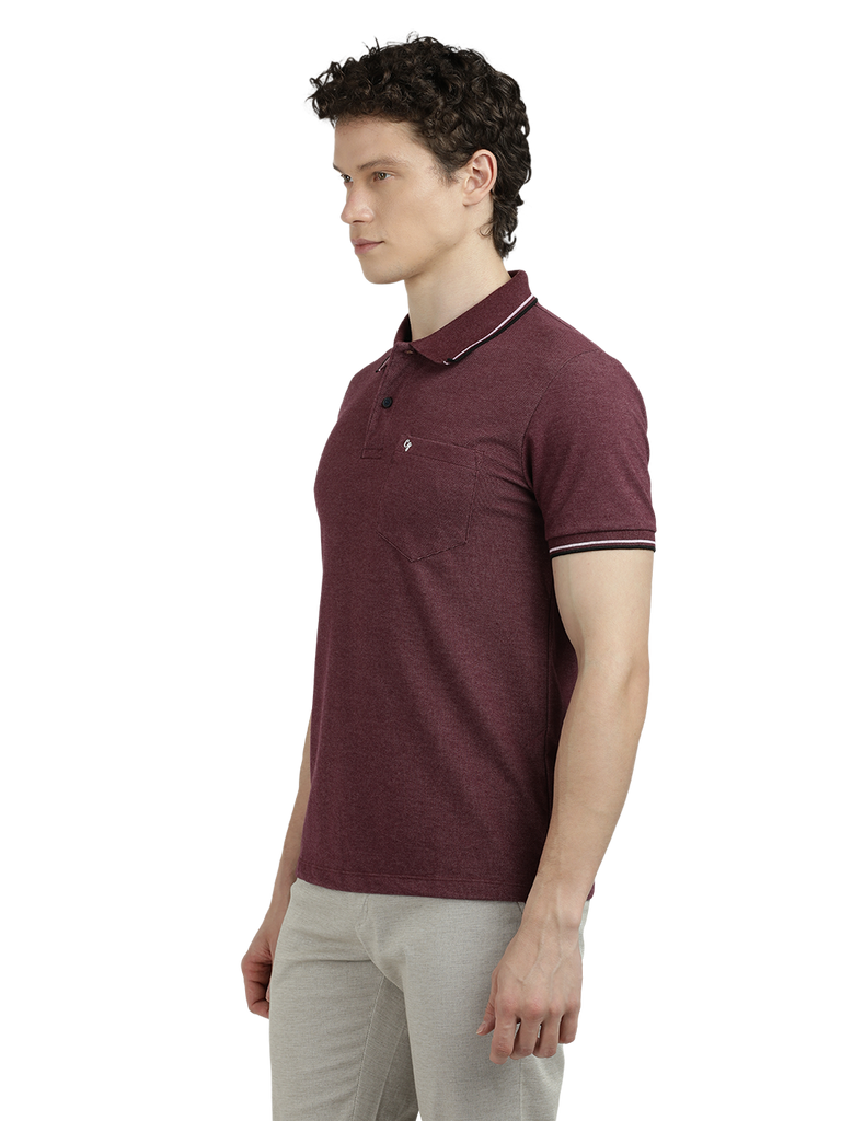 Model wearing Clarke Gable's Wine Solid Polo Collar T-Shirt in a casual setting