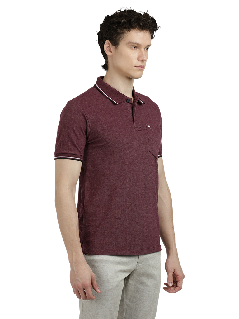 Model wearing Clarke Gable's Wine Solid Polo Collar T-Shirt in a casual setting