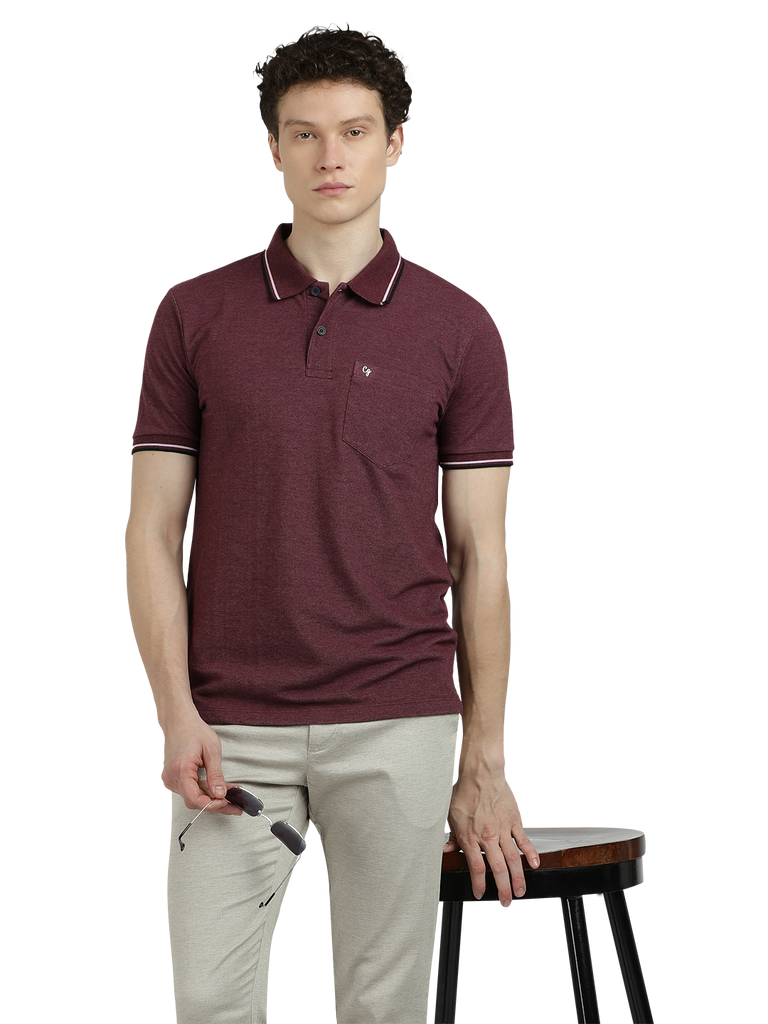 Model wearing Clarke Gable's Wine Solid Polo Collar T-Shirt in a casual setting