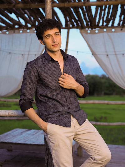 Steel Grey Weave Geometric Printed Casual Shirt
