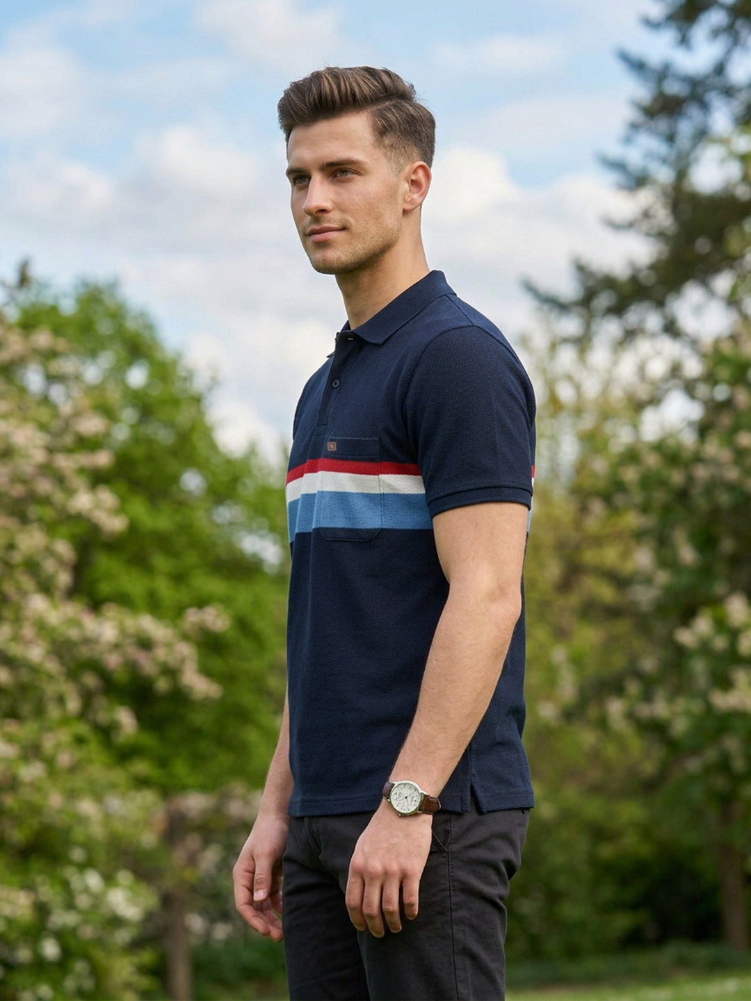 Deep Black and Blue Horizontal Stripes Polo T Shirt