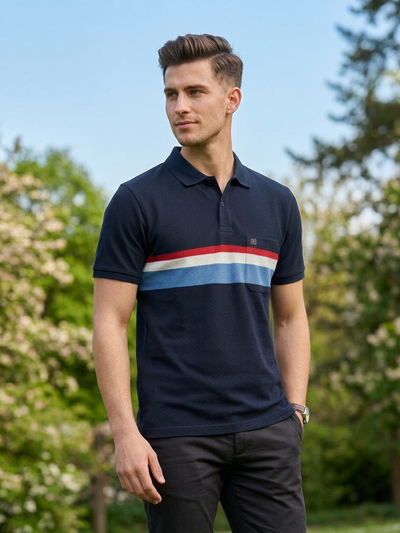 Deep Black and Blue Horizontal Stripes Polo T Shirt