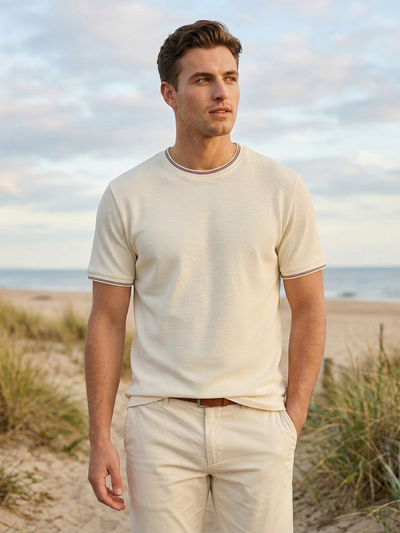 Off White Textured Solid Crew Neck T Shirt