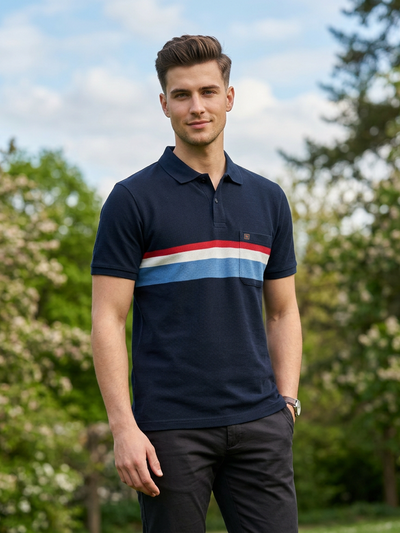Deep Black and Blue Horizontal Stripes Polo T Shirt
