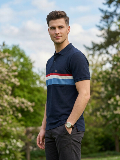 Deep Black and Blue Horizontal Stripes Polo T Shirt