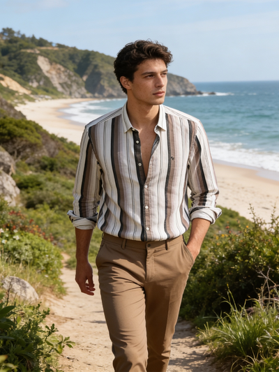 Sand Brown Multi Stripes Casual Shirt