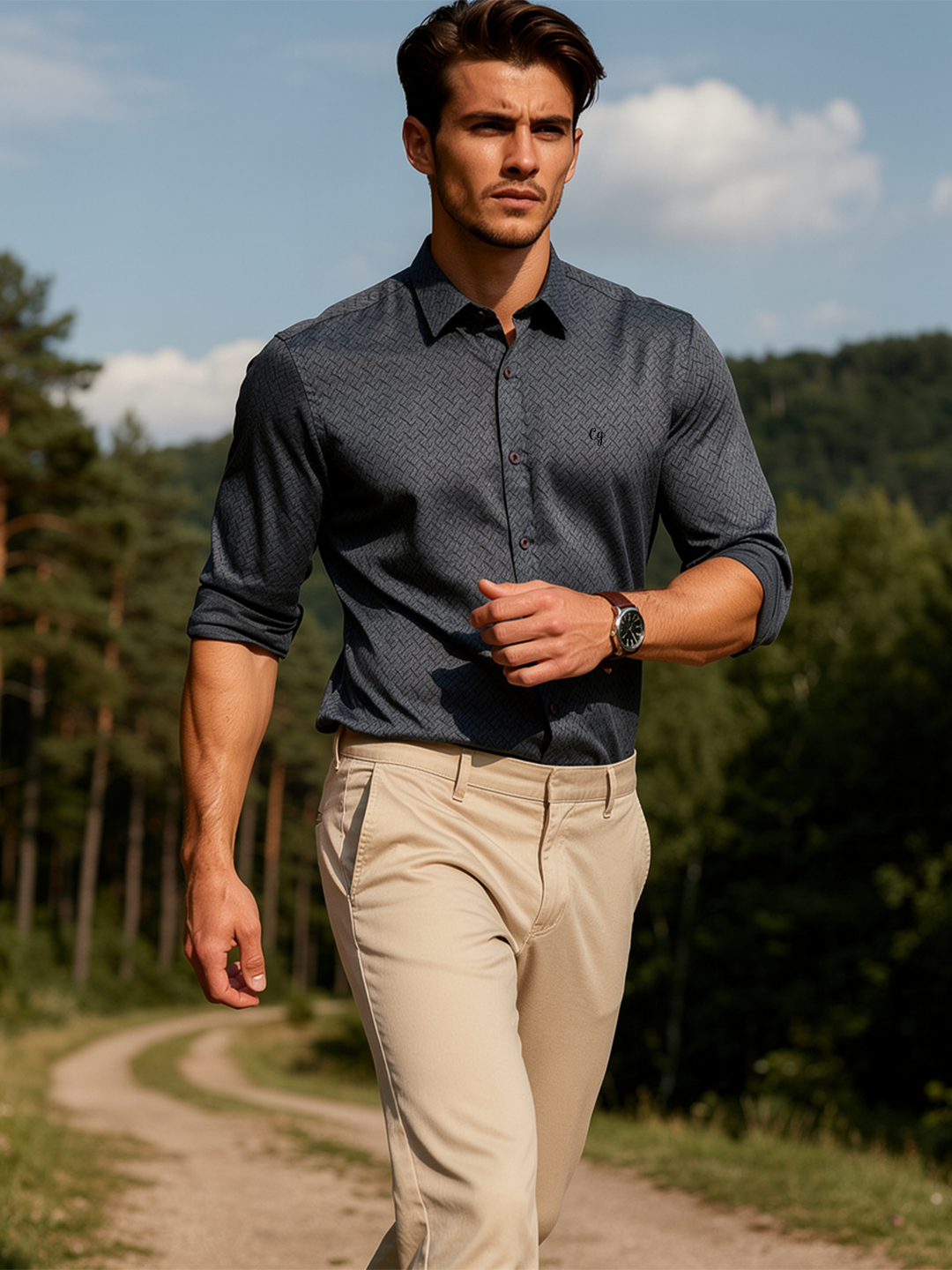 Steel Grey Weave Geometric Printed Casual Shirt