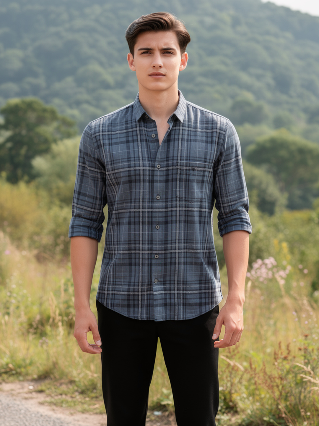 Dark Grey and White Checked Casual Shirt
