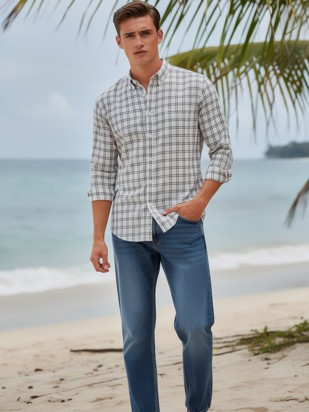 Cloud White and Black Checked Casual Shirt