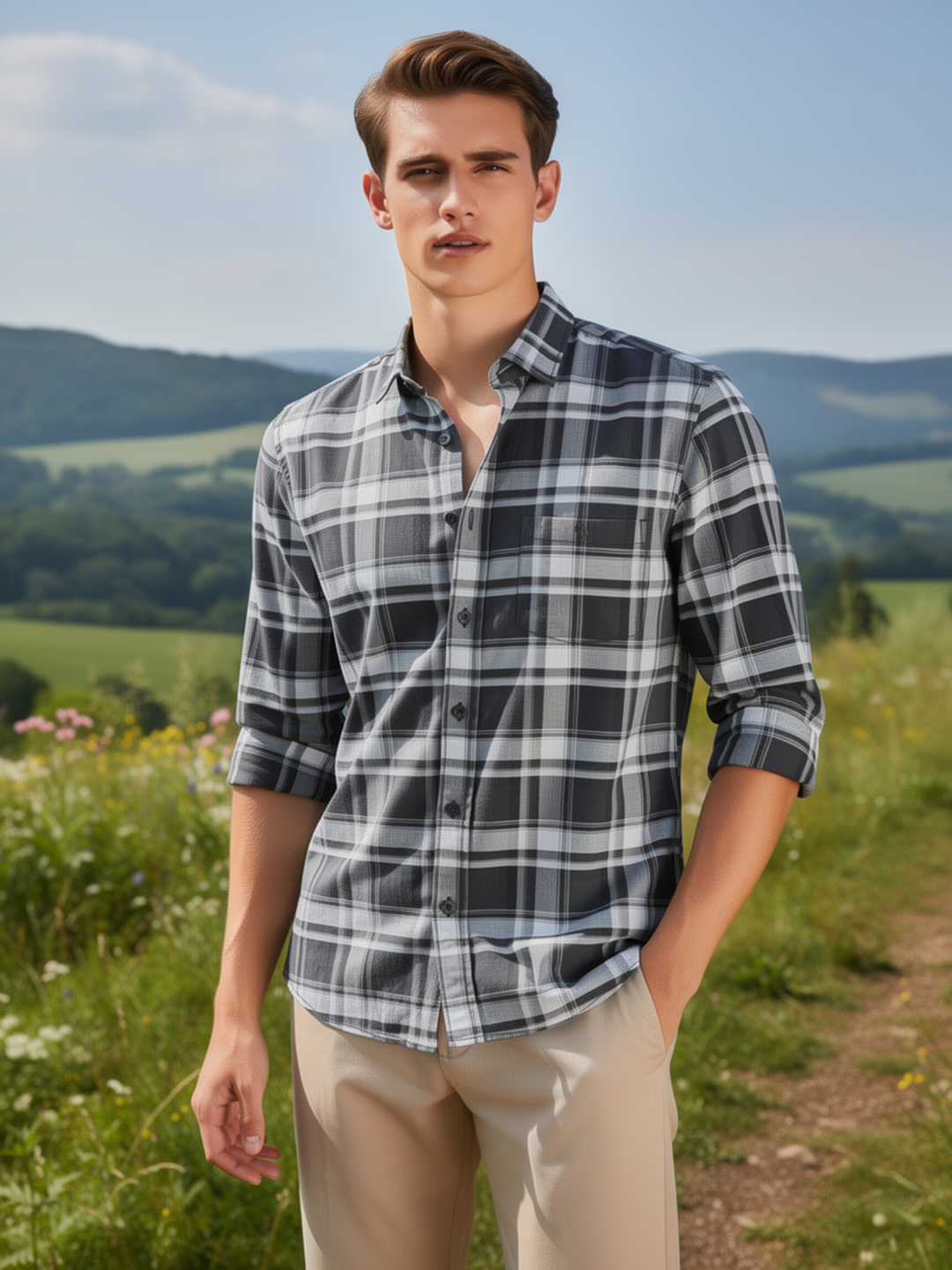 Jet Black and White Checked Casual Shirt