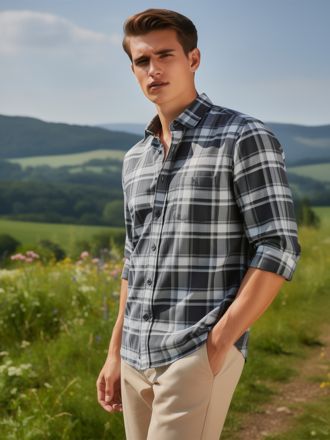 Jet Black and White Checked Casual Shirt