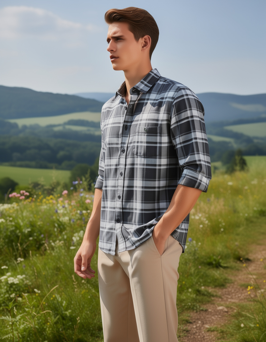 Jet Black and White Checked Casual Shirt