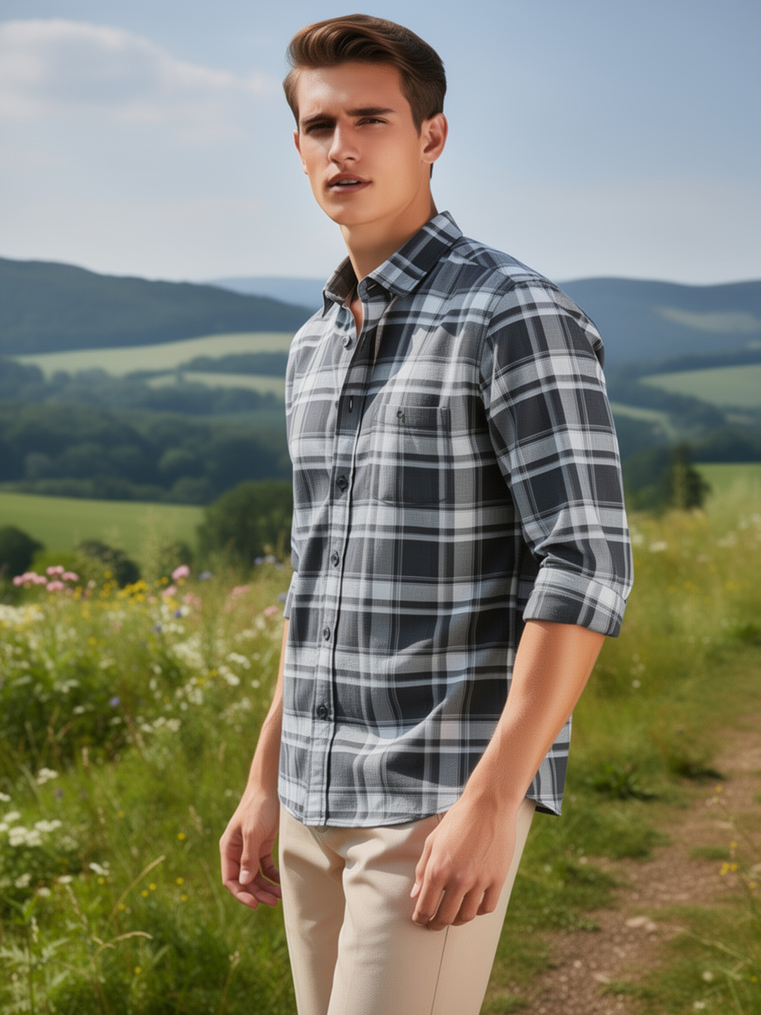 Jet Black and White Checked Casual Shirt