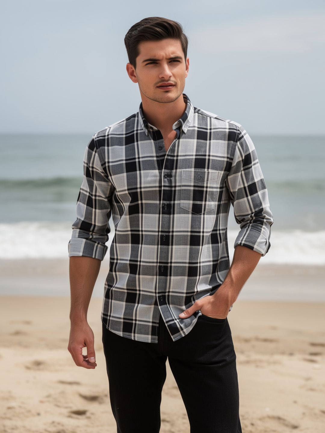 Slate Grey and White Checked Shirt