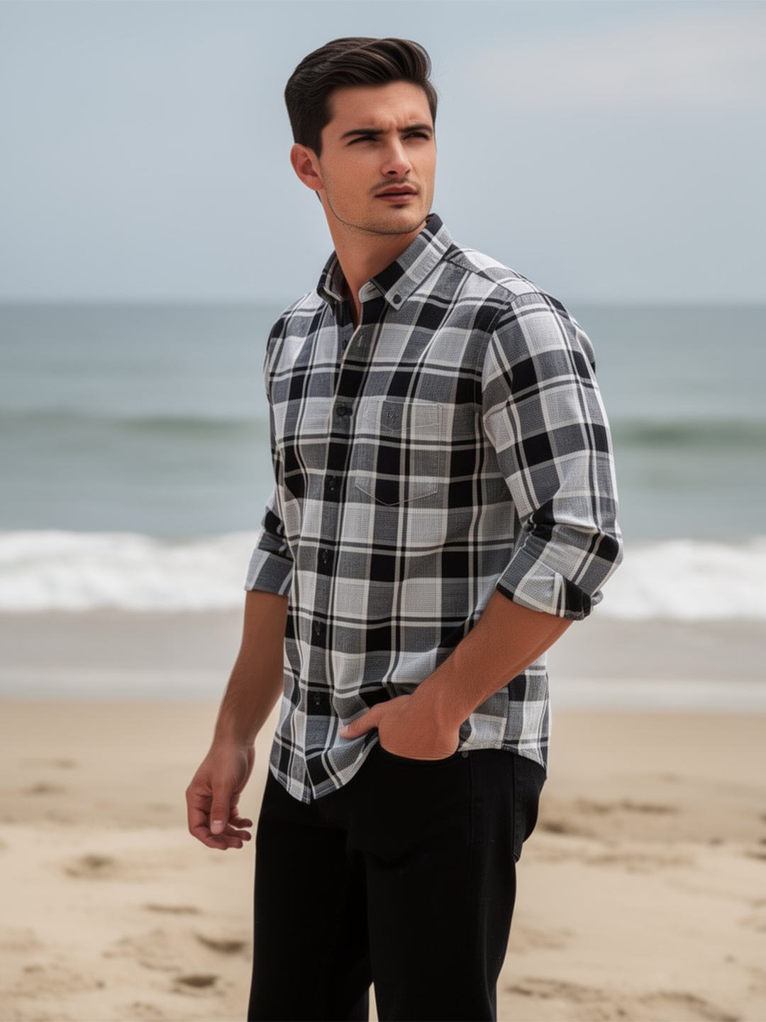 Slate Grey and White Checked Shirt