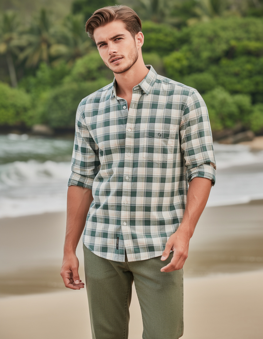 Forest Green and Beige Checked Casual Shirt