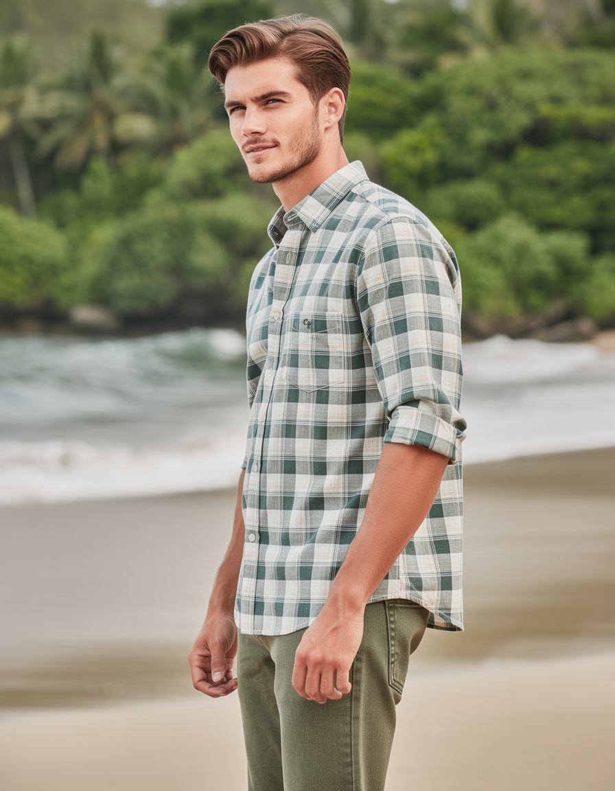 Forest Green and Beige Checked Casual Shirt