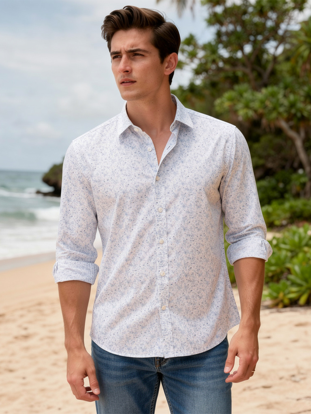 Light Steel Blue Floral Printed Casual Shirt