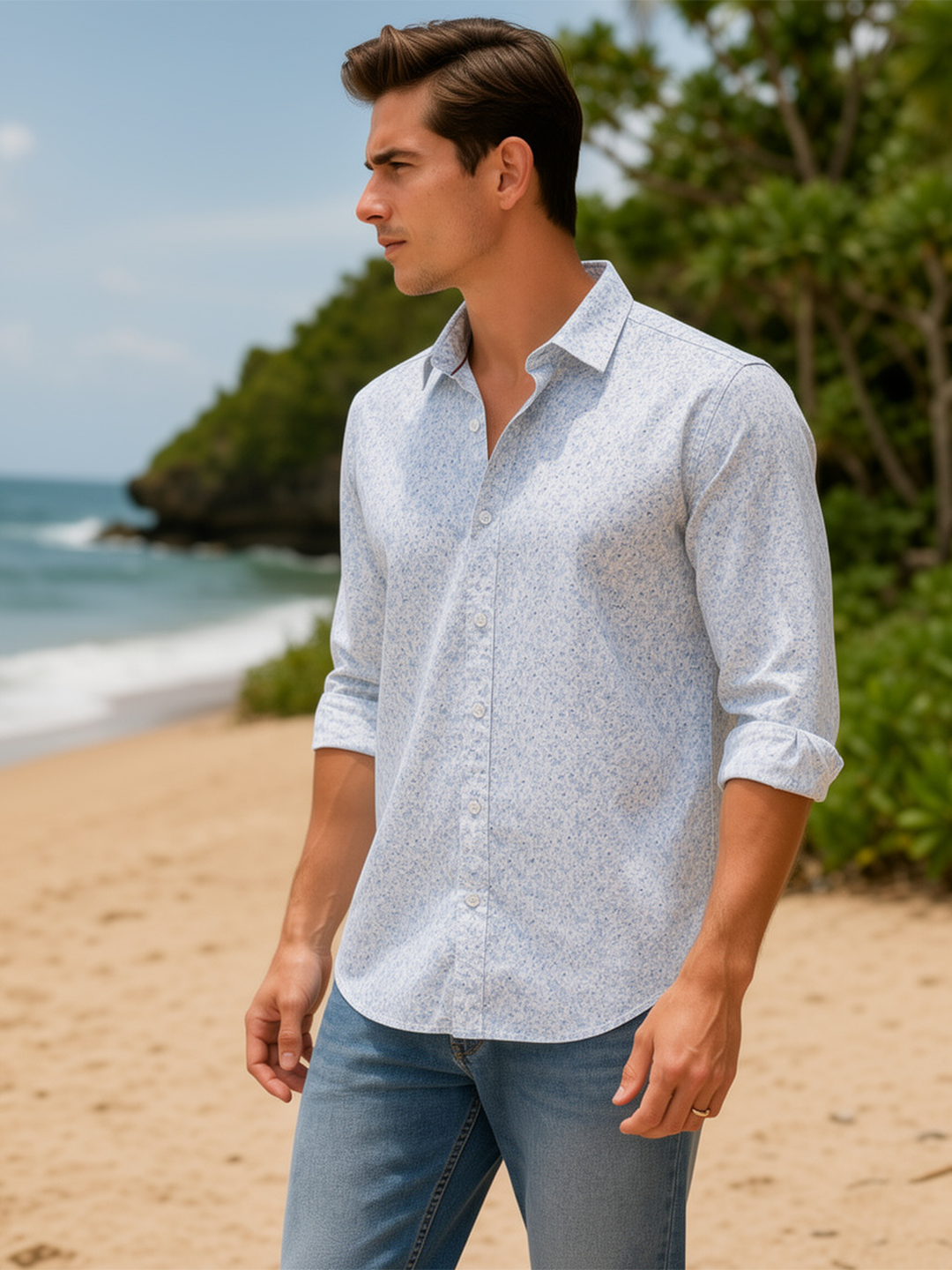Light Steel Blue Floral Printed Casual Shirt