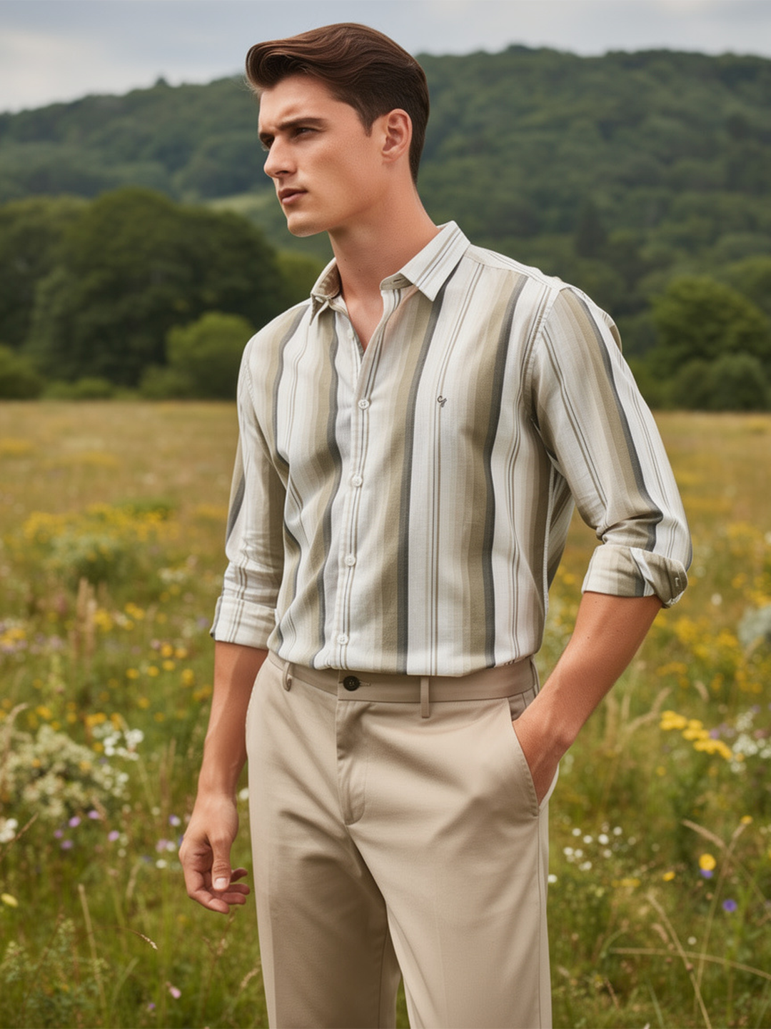Olive Khaki Stripes Casual Shirt