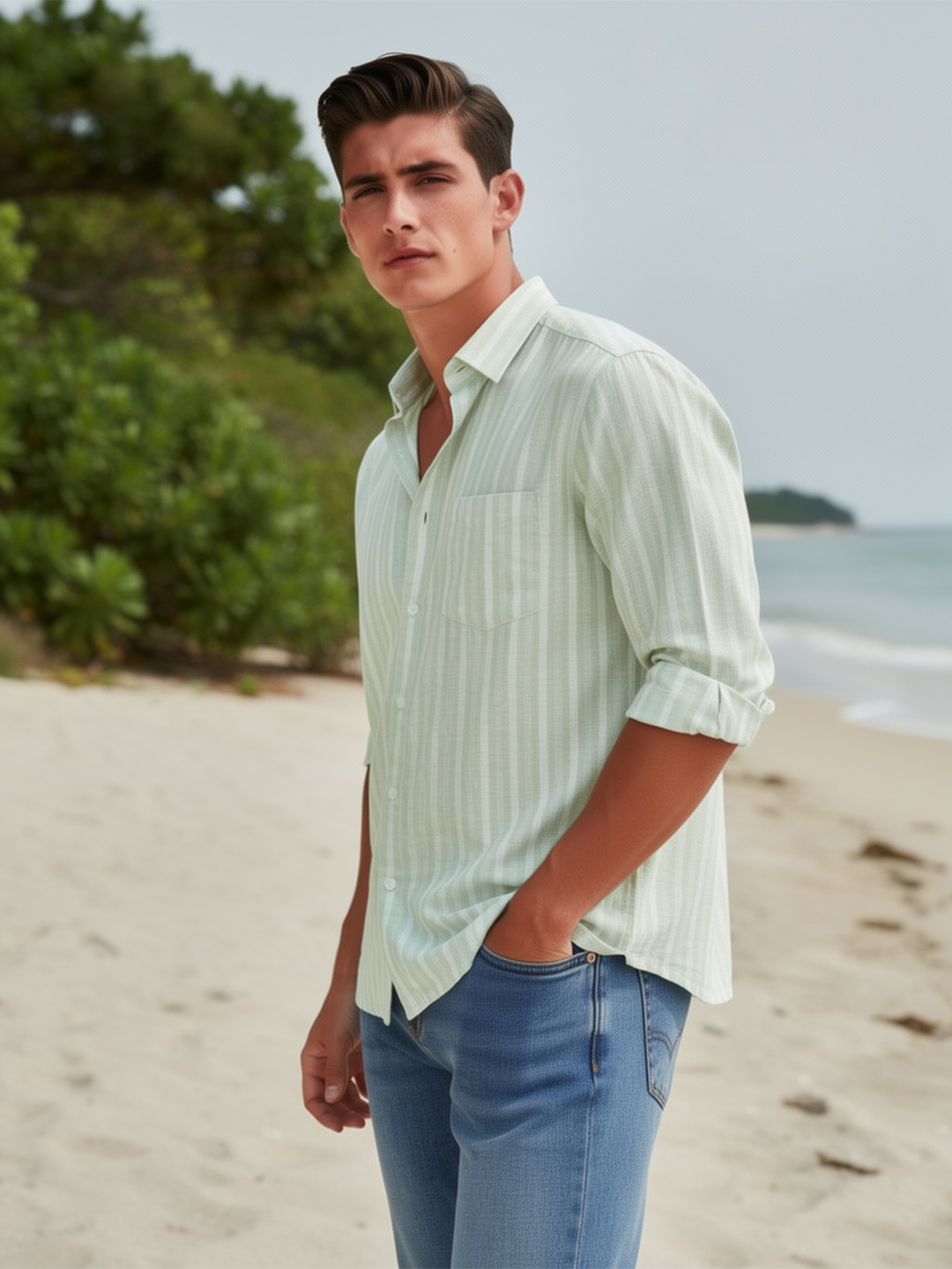 Sage Grey Stripes Casual Shirt