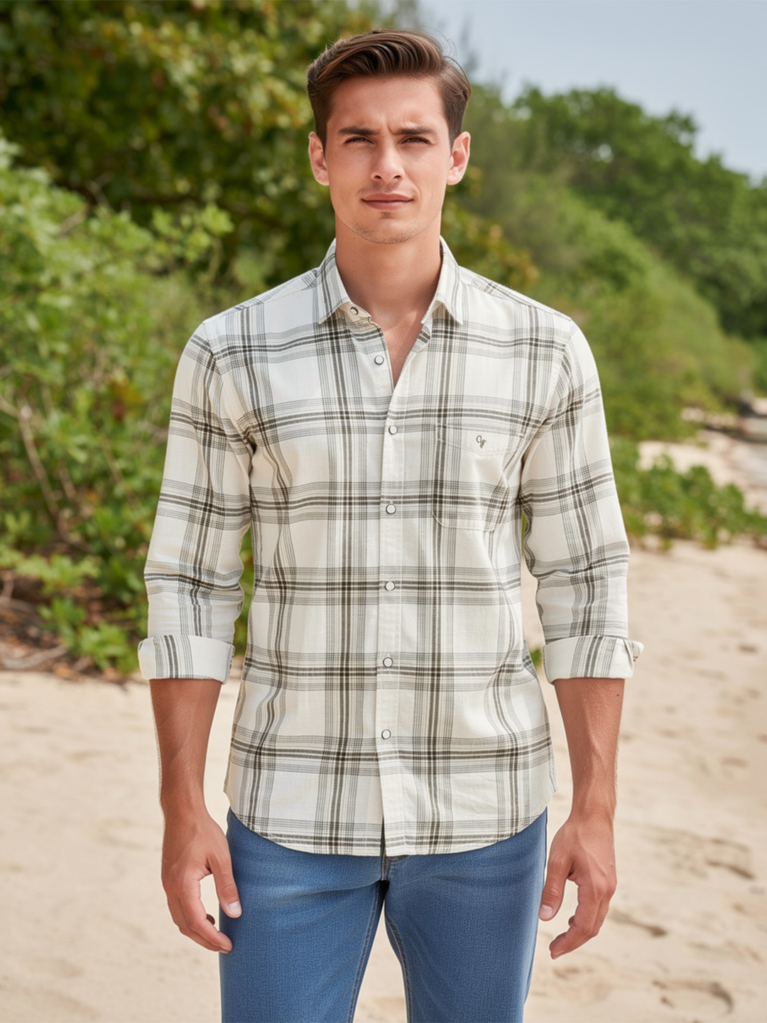 Sand Cream Checked Casual Shirt