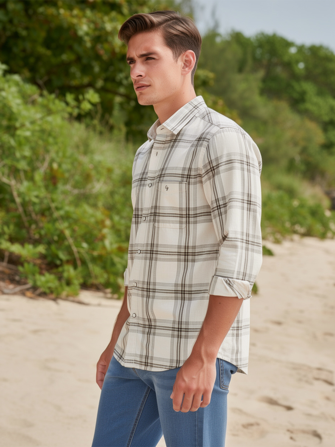 Sand Cream Checked Casual Shirt
